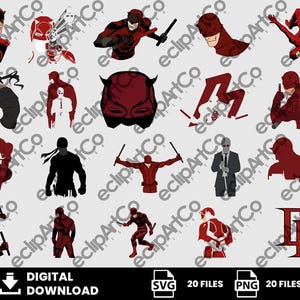 Peut inclure: Ensemble de 20 images numériques à télécharger représentant un super-héros en costume rouge et noir. Les illustrations incluent différentes poses et styles, tels que des plans de tête et des scènes d'action. Le texte "TÉLÉCHARGEMENT NUMÉRIQUE" est en bas.