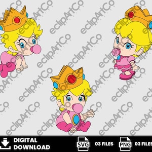 May include: Three cartoon illustrations of Baby Princess Peach with blonde hair, blue eyes, and a pink bubble gum bubble. Each figure wears a pink outfit and a gold crown. The image includes the text "DIGITAL DOWNLOAD".