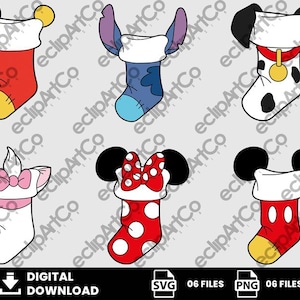 May include: Six cartoon Christmas stockings featuring popular characters. Designs include Mickey Mouse, Minnie Mouse, Stitch, a Dalmatian, and other characters. Each stocking has a white cuff and is in a different color scheme.