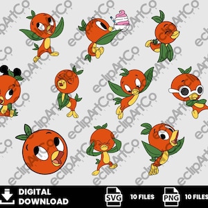 May include: A digital download graphic featuring multiple cartoon orange bird characters in various poses. The birds are orange with green leaf wings and yellow feet. The image includes the text "DIGITAL DOWNLOAD", "SVG 10 FILES", and "PNG 10 FILES".