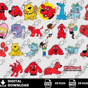 Può includere: Una collezione di illustrazioni di cartoni animati con Clifford il Grande Cane Rosso e altri personaggi. Le immagini includono varie pose di Clifford, una ragazza e altri personaggi animali dai colori vivaci. La parte inferiore dell'immagine contiene il testo "DOWNLOAD DIGITALE".