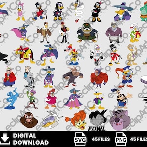 May include: A collection of 45 cartoon character illustrations, including ducks and other anthropomorphic figures. The characters are in various poses and outfits, with a variety of colors. The image includes the text "DIGITAL DOWNLOAD", "SVG 45 FILES", and "PNG 45 FILES".