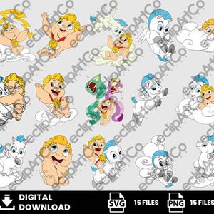 Puede incluir: Descarga digital con ilustraciones de dibujos animados de Hércules, Pegaso y otros personajes de la película de Disney. Las imágenes incluyen a Hércules sosteniendo un rayo y a Pegaso con Hércules. Disponibles en formatos SVG y PNG.