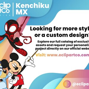 May include: A promotional graphic featuring cartoon characters including a black and red spider-themed hero, a blue dog, and a mouse in red shorts holding a wand. Text reads: Looking for more styles or a custom design? Visit: www.eclipartco.com.