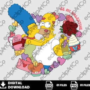 May include: Digital download graphic featuring Homer and Marge Simpson in a Valentine's Day theme. The image includes a heart-shaped arrangement with the text "BE MY VALENTINE". Homer holds a bouquet of roses and a bottle of champagne.