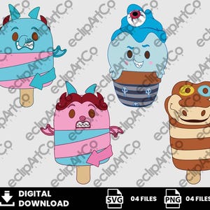 Puede incluir: Un gráfico de descarga digital con cuatro diseños de paletas de dibujos animados. Las paletas tienen temas de monstruos y cupcakes, con colores azul, rosa y marrón. La imagen incluye el texto "DESCARGA DIGITAL", "SVG 04 ARCHIVOS" y "PNG 04 ARCHIVOS".