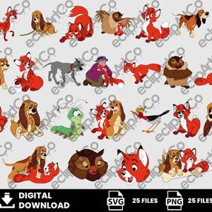 Puede incluir: Una colección de 25 ilustraciones digitales con personajes de una película de animación clásica. Las imágenes incluyen un zorro rojo, un perro sabueso marrón, un búho y otras criaturas del bosque. La parte inferior de la imagen incluye el texto "DIGITAL DOWNLOAD" e iconos para archivos SVG y PNG.