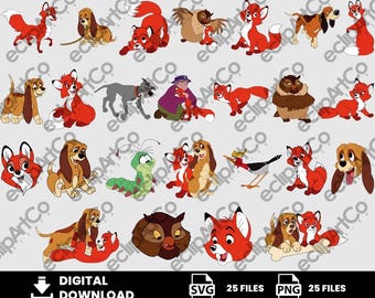 Puede incluir: Una colección de 25 ilustraciones digitales con personajes de una película de animación clásica. Las imágenes incluyen un zorro rojo, un perro sabueso marrón, un búho y otras criaturas del bosque. La parte inferior de la imagen incluye el texto "DIGITAL DOWNLOAD" e iconos para archivos SVG y PNG.