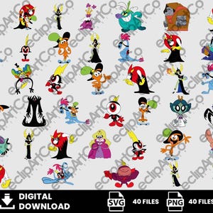Puede incluir: Un conjunto gráfico de descarga digital con 40 ilustraciones de personajes de dibujos animados en varios colores y diseños. La imagen incluye el texto "DESCARGA DIGITAL" e iconos para los formatos de archivo SVG y PNG.