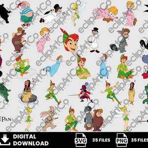 Può includere: Un download digitale con vari personaggi dei cartoni animati del film Peter Pan. L'immagine include Peter Pan, Trilli, Capitan Uncino e altri personaggi in illustrazioni colorate. Il testo "DIGITAL DOWNLOAD" è incluso.