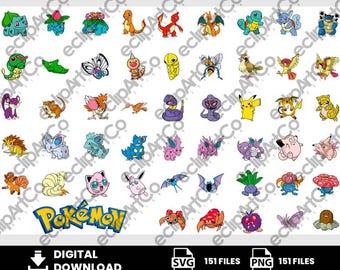 May include: A collection of colorful Pokémon characters in various poses. The image includes the Pokémon logo and the words "DIGITAL DOWNLOAD". The image also includes the file types SVG and PNG, each with 151 files.