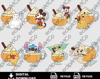 May include: Digital download featuring cartoon characters with coffee drinks. Each drink is in a pumpkin-shaped mug, topped with whipped cream and a chocolate stick. Characters include Mickey Mouse, Baymax, and Baby Yoda.