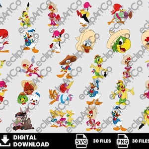 Puede incluir: Un gráfico de descarga digital con personajes de dibujos animados, incluyendo patos, pingüinos y loros, en varios atuendos y poses. La imagen incluye el texto "DIGITAL DOWNLOAD" e información de tipo de archivo: "SVG 30 FILES" y "PNG 30 FILES".