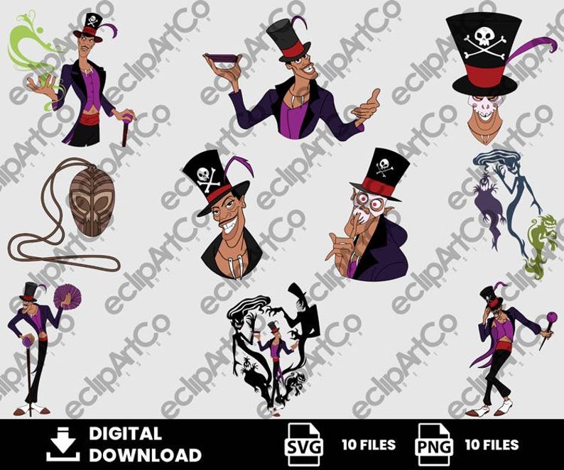May include: Digital download featuring illustrations of a character in various poses. The character is depicted in a purple suit, black top hat, and cane. Some illustrations include a skull and crossbones on the hat. Also included is a wooden pendant and silhouettes.
