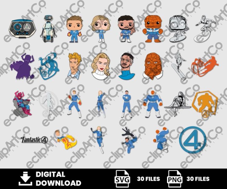 May include: A collection of digital download graphics featuring characters and symbols from the Fantastic Four comic series. Includes illustrations of the Thing, Human Torch, and other characters, along with the Fantastic Four logo and the number 4.