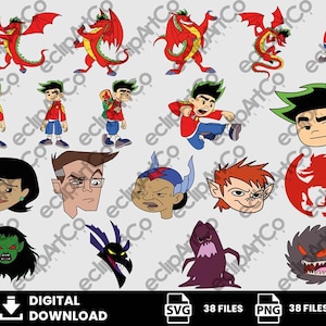 May include: A selection of cartoon illustrations including a red dragon, a young man in a red jacket and blue shorts, and other characters. The image includes the text "DIGITAL DOWNLOAD" and file type icons.