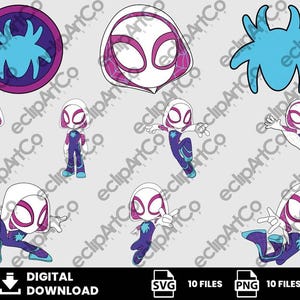 May include: Digital download featuring multiple illustrations of a superheroine in a white and purple costume, with a spider emblem. Includes a circular emblem, a hood, and various action poses. The words "DIGITAL DOWNLOAD" are at the bottom.