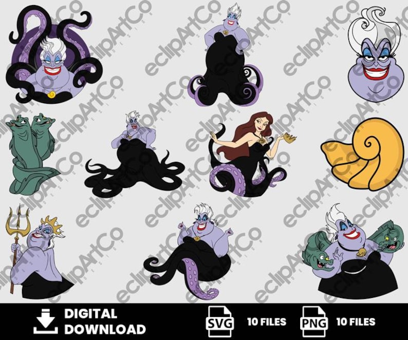 Op de afbeelding: Een verzameling digitale illustraties met Ursula uit De Kleine Zeemeermin. De afbeeldingen tonen Ursula in verschillende poses, met haar tentakels en met Flotsam en Jetsam. Inclusief SVG- en PNG-bestanden.
