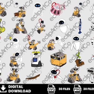 Puede incluir: Una colección de ilustraciones digitales con varios personajes robots Wall-E y Eve en diferentes poses, incluyendo una planta en una bota, un compactador de basura y varias piezas mecánicas, con el texto Digital Download, 30 Files, SVG, PNG.
