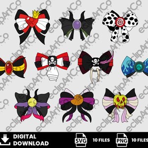 May include: A collection of ten cartoon bows in various designs. Each bow features a unique color scheme and embellishments, including hearts, skulls, and gemstones. The bows are set against a light gray background. The image includes the text "DIGITAL DOWNLOAD".
