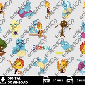 Puede incluir: Descarga digital con 20 archivos PNG y SVG de personajes de dibujos animados de Elemental. Los personajes representan los elementos fuego, agua, tierra y aire en varias poses. La palabra "ELEMENTAL" se muestra en color.
