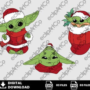 Puede incluir: Descarga digital con tres ilustraciones de un personaje alienígena verde con atuendo navideño. Uno está con un traje de Papá Noel, otro en un calcetín y el tercero con una rana en la cabeza. El texto "DIGITAL DOWNLOAD" está en la parte inferior.