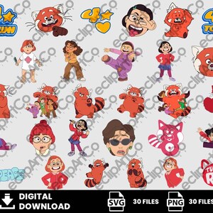 Può includere: Una collezione di grafiche digitali scaricabili con personaggi ed elementi del film d'animazione "Red". Le immagini includono varie pose dei personaggi principali, panda rossi e il logo "4*Town". Le grafiche sono disponibili in formati SVG e PNG.