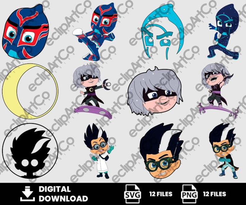 Puede incluir: Un gr&aacute;fico de descarga digital con ilustraciones de personajes de dibujos animados. Los personajes est&aacute;n representados en azul, rojo y gris. La imagen incluye una luna creciente, cabezas de personajes y figuras de cuerpo completo. La parte inferior de la imagen contiene el texto "DIGITAL DOWNLOAD".