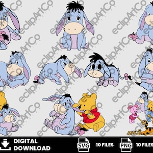Könnte beinhalten: Ein digitaler Download mit mehreren Illustrationen von I-Aah aus Winnie Puuh in verschiedenen Posen. Die Bilder sind in Blau-, Rosa- und Beigetönen gehalten. Der untere Teil des Bildes enthält den Text "DIGITALER DOWNLOAD" und Symbole für SVG- und PNG-Dateien.