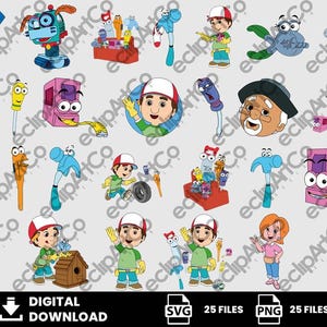 Puede incluir: Colección de ilustraciones de dibujos animados con diversas herramientas y personajes. Las imágenes incluyen una caja de herramientas, un robot, un martillo, un destornillador y un personaje con gorra roja y blanca. Descarga digital.