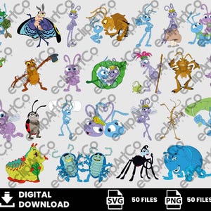 Puede incluir: Una colección de personajes de insectos de dibujos animados coloridos en varias poses. La imagen incluye una mariposa, una mariquita y otros insectos estilizados. La parte inferior de la imagen tiene las palabras "DESCARGA DIGITAL" e iconos para archivos SVG y PNG.
