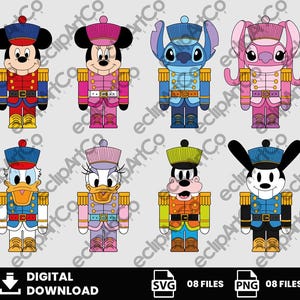 May include: Digital download of eight cartoon character nutcracker designs. Mickey Mouse, Minnie Mouse, Stitch, Angel, Donald Duck, Daisy Duck, Goofy, and Oswald are shown in colourful military-style uniforms with gold accents. Includes SVG and PNG file options.