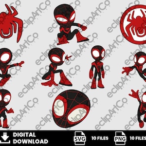Könnte beinhalten: Ein digitaler Download-Grafik-Set mit Illustrationen eines Superhelden in einem schwarz-roten Anzug. Das Set enthält verschiedene Posen der Figur, ein Spinnenemblem und eine Maske. Der Text "DIGITALER DOWNLOAD" befindet sich unten.