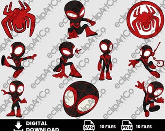 10 Clipart - SuperHeroes Svg, Spidey and his Amazing Friends Png, Spin Png, Miles Morales Png, Spiderman Afro Png, Digital Download