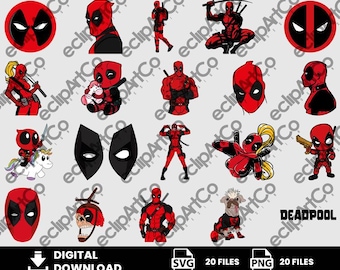 May include: A collection of Deadpool-themed digital graphics in various poses and styles. The images feature the character's iconic red and black color scheme, including full body shots, masks, and stylized portraits. The words "DIGITAL DOWNLOAD" are also present.