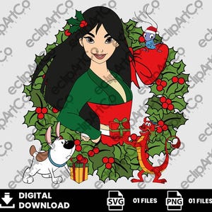 Puede incluir: Gráfico de descarga digital con una caricatura de Mulan con un atuendo verde y rojo, rodeada por una corona de acebo. Incluye al dragón Mushu, un perro y un pequeño insecto. La imagen tiene el texto "DESCARGA DIGITAL" e iconos de tipo de archivo.