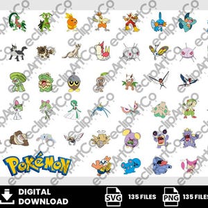 Puede incluir: Una descarga digital con numerosos personajes Pokémon coloridos. El logotipo de Pokémon se muestra en azul y amarillo. La imagen incluye el texto "DESCARGA DIGITAL", "SVG 135 ARCHIVOS" y "PNG 135 ARCHIVOS".