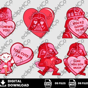 Puede incluir: Un gráfico de descarga digital con personajes de Star Wars con corazones temáticos de San Valentín. Los personajes incluyen a Chewbacca, Darth Vader, R2-D2 y Yoda, cada uno sosteniendo un corazón con un mensaje ingenioso. La combinación de colores es roja y rosa.