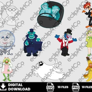 May include: A digital download graphic set featuring various cartoon characters and elements. Includes a ghost, a crystal ball, a banana, and other characters in different poses and outfits. The set includes SVG and PNG files.