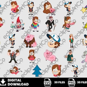 Könnte beinhalten: Ein digitales Download-Grafikset mit 30 Zeichentrickfiguren aus der Zeichentrickserie Gravity Falls. Die Charaktere sind in verschiedenen Posen und Outfits vor einem hellgrauen Hintergrund dargestellt. Enthält SVG- und PNG-Dateien.