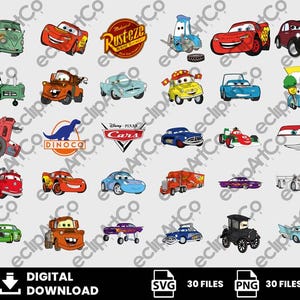 Puede incluir: Una colección de ilustraciones de coches de dibujos animados coloridos, incluyendo a Rayo McQueen y Mate, de la película Cars de Disney Pixar. La imagen también incluye el logo de Dinoco y el texto "DIGITAL DOWNLOAD".
