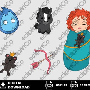 Puede incluir: Conjunto gráfico de descarga digital con una llama azul, un pony negro con una mancha blanca, un bebé envuelto en una manta azul, un oso de peluche negro con una corona y un arco y una flecha rosas. Incluye archivos SVG y PNG.