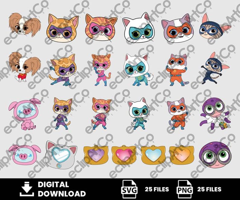 Pu&ograve; includere: Una collezione di illustrazioni di cartoni animati con vari animali, tra cui gatti, cani e un maiale, tutti in costumi da supereroi. Disponibile come download digitale, con opzioni di file SVG e PNG.