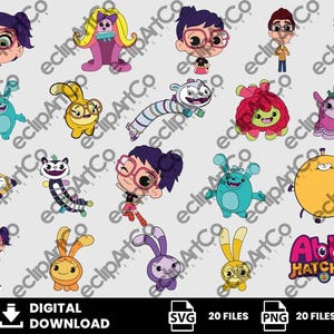 May include: A collection of colorful cartoon character illustrations from the animated series "Abby Hatcher." The images include Abby, her friends, and various Fuzzly creatures. The image also includes the text "DIGITAL DOWNLOAD" and file type icons.