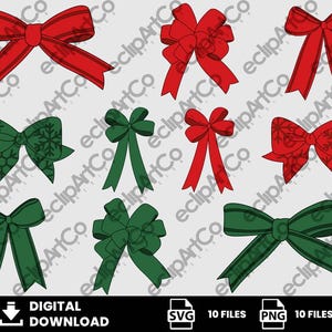 Puede incluir: Una colección de lazos rojos y verdes en varios estilos, algunos con diseños de copos de nieve. La imagen incluye el texto "DESCARGA DIGITAL" e iconos para archivos SVG y PNG, cada uno con 10 archivos.