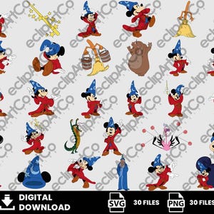 May include: A digital download graphic set featuring illustrations of a cartoon mouse dressed as a wizard. The mouse is in a red robe and blue wizard hat, holding a wand. Other graphics include a broom, a bear, and a crocodile. The text reads 'DIGITAL DOWNLOAD'.