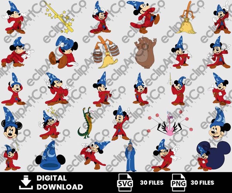 May include: A collection of digital illustrations featuring a cartoon mouse wearing a blue wizard hat and red robe, alongside a broom, a hippo, a crocodile, and a flamingo. The text reads Digital Download, 30 Files SVG, and 30 Files PNG.