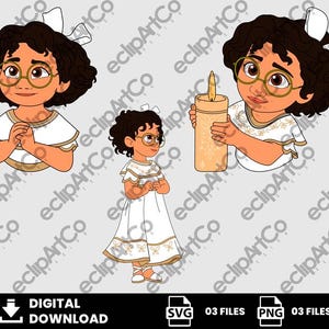 May include: A digital illustration set featuring a character with dark curly hair, a white bow, and round glasses. The character wears a white dress with gold embroidery, shown in three poses: standing, with hands clasped, and holding a lit candle.