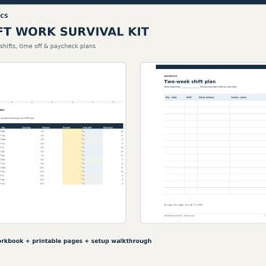 May include: A digital Shift Work Survival Kit by Waynetics featuring an Excel workbook and printable pages. The layout includes a 90-day tracking spreadsheet and a two-week shift plan template with columns for dates, shifts, and sleep windows.