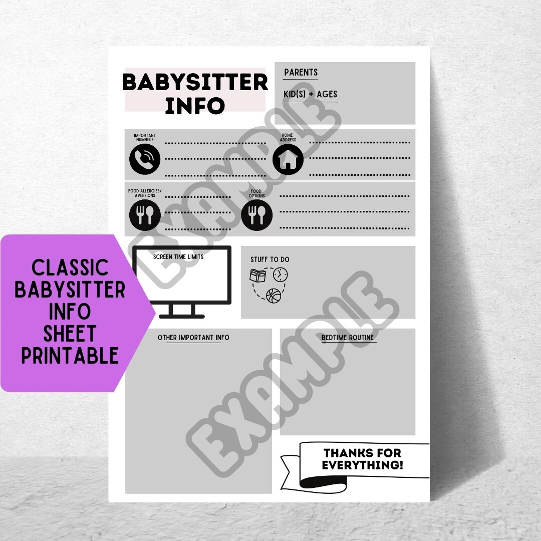 Babysitter Info Printable Sheet Nanny Information Printout Etsy